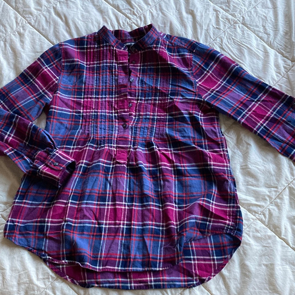 Lands End Cotton Pin Tuck Long Sleeve Plaid Blouse
